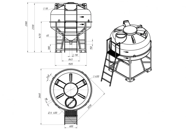Емкость ЦКТ 3000 л с патрубком 110мм с фланцем под плотность до 1,2 г/см³ белая в обрешетке с лестницей